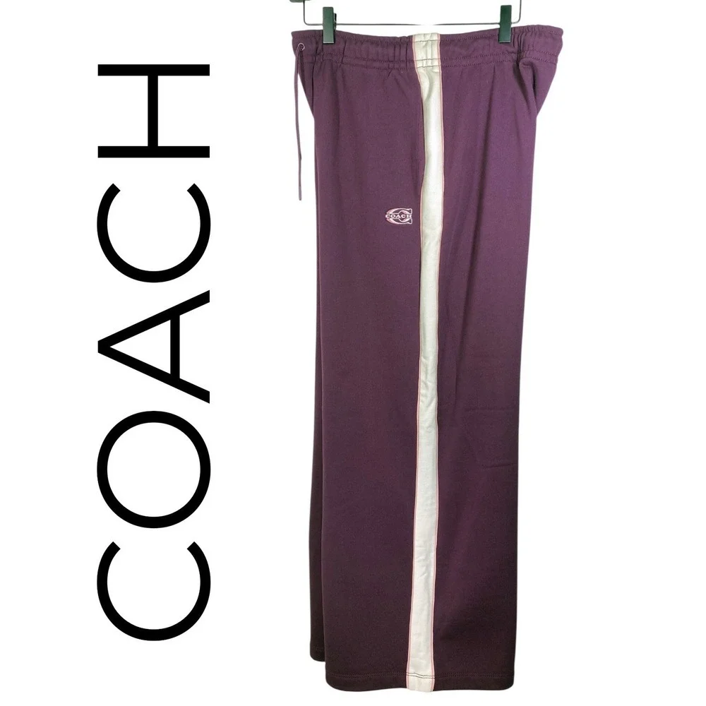 Coach NWT Sporty Wide Leg Cotton Track Pants Beet Purple Terrycloth Logo Women M